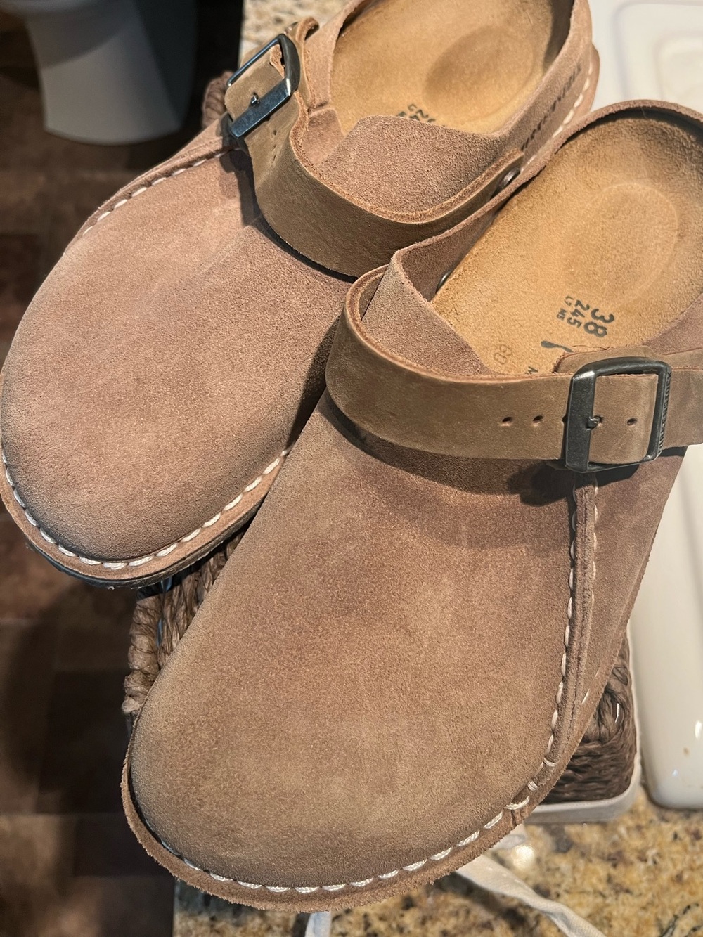 Birkenstock Suede Clog Mule in Light Brown with Adjustable Strap
